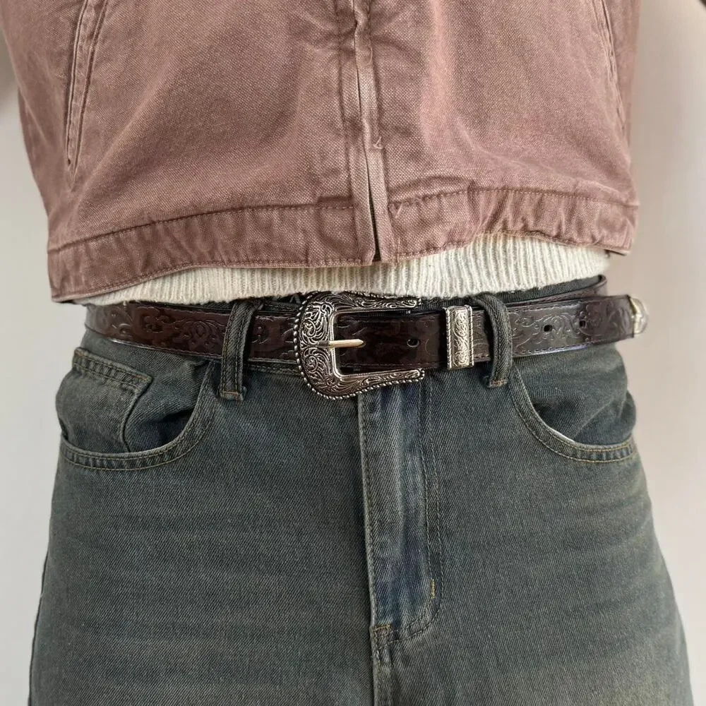 y2k brown leather and silver western cowboy boho belt - Picture 5 of 9